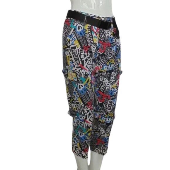 VIP Crop Joggers, 3/4, Graffiti, Faux Cargo, Elastic Waist/Cuffs, Belt, VINTAGE - Picture 3 of 13